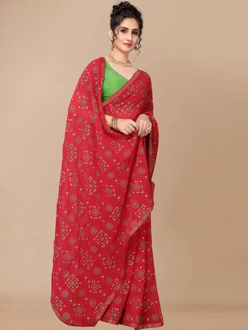 lace detailed printed saree with blouse - 18578385 - Very Small Image - 1
