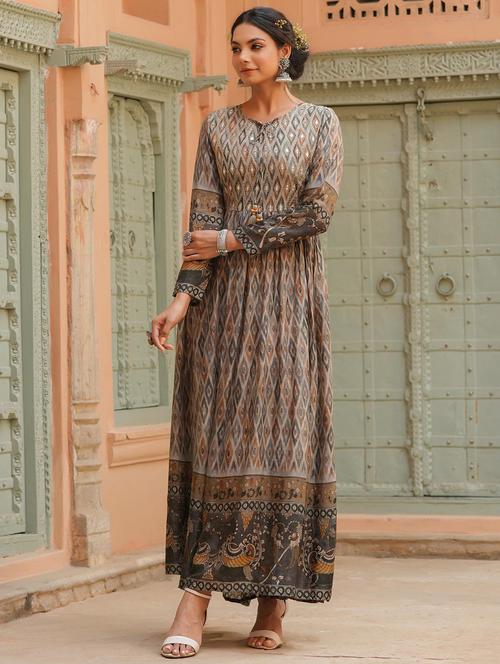 grey printed ethnic dress - 18579114 - Very Small Image - 1
