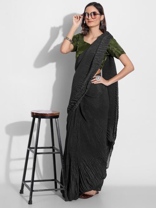 black pleated style plain saree with blouse - 18582832 - Very Small Image - 1