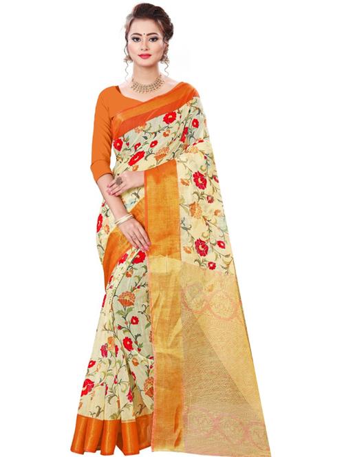 women's printed yellow colored saree with blouse - 18582941 - Very Small Image - 1