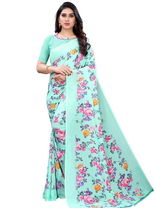 women's floral sea green colored saree with blouse - 18583128 - Very Small Image - 1