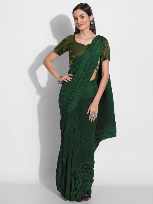 dark green pleated solid saree with blouse - 18583275 - Very Small Image - 1
