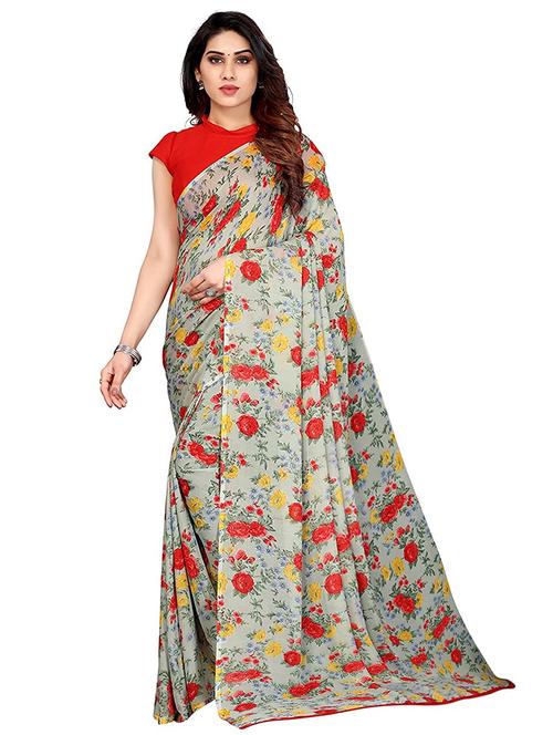 women's floral silver colored saree with blouse - 18583343 - Very Small Image - 1