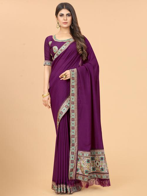 women's bordered purple colored saree with blouse - 18583505 - Very Small Image - 1