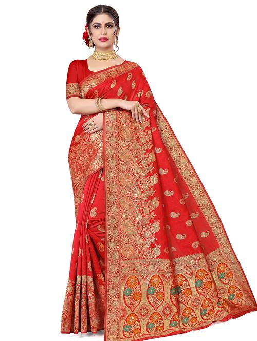 red self design jamdani saree with blouse - 18583586 - Very Small Image - 1