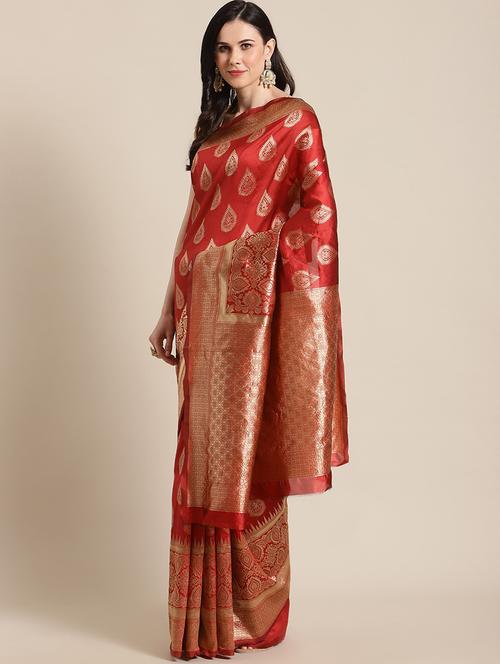women's self design red colored saree with blouse - 18583603 - Very Small Image - 1