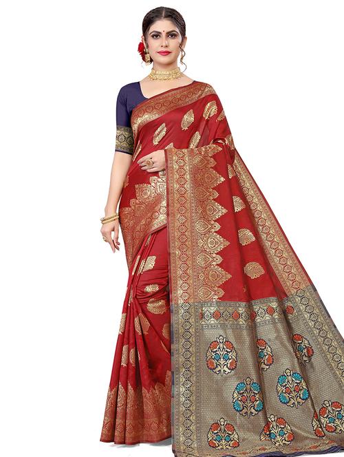 red self design jamdani saree with blouse - 18583614 - Very Small Image - 1