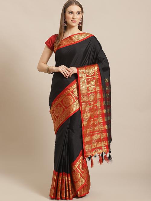 women's self design black colored saree with blouse - 18583658 - Very Small Image - 1