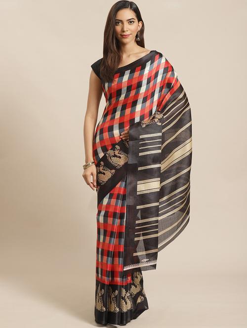 check printed saree with blouse - 18583731 - Very Small Image - 1