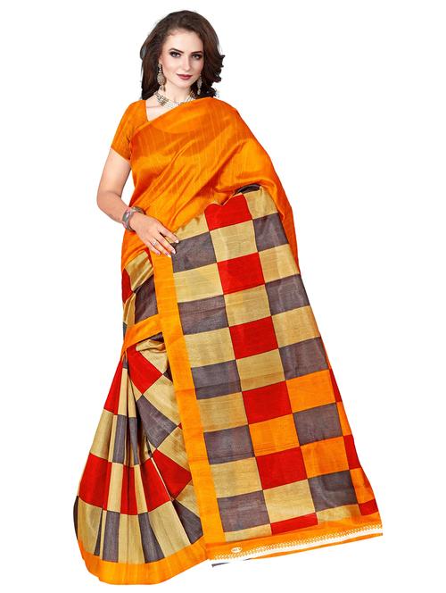 women's checks mustard colored saree with blouse - 18584030 - Very Small Image - 1