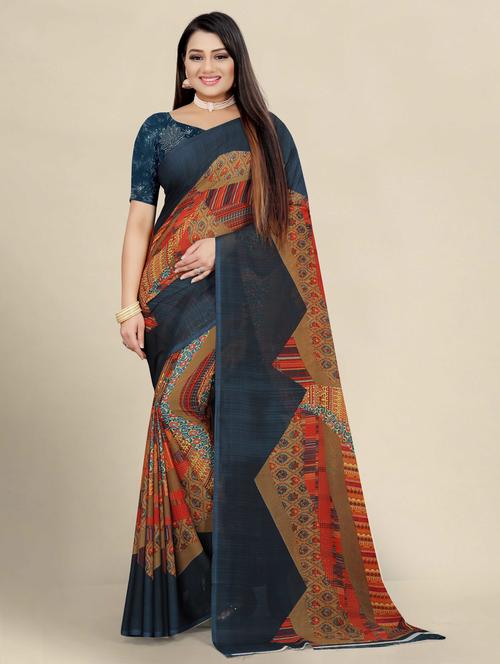 women's printed navy blue colored saree - 18584082 - Very Small Image - 1