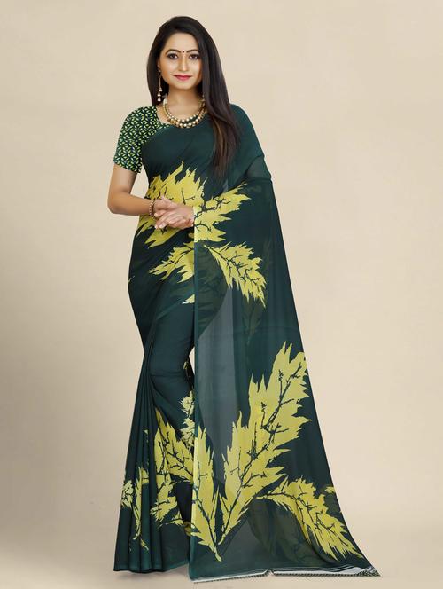 women's printed green colored saree with blouse - 18584087 - Very Small Image - 1