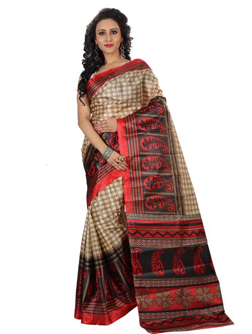women's checks beige colored saree with blouse - 18584140 - Very Small Image - 1