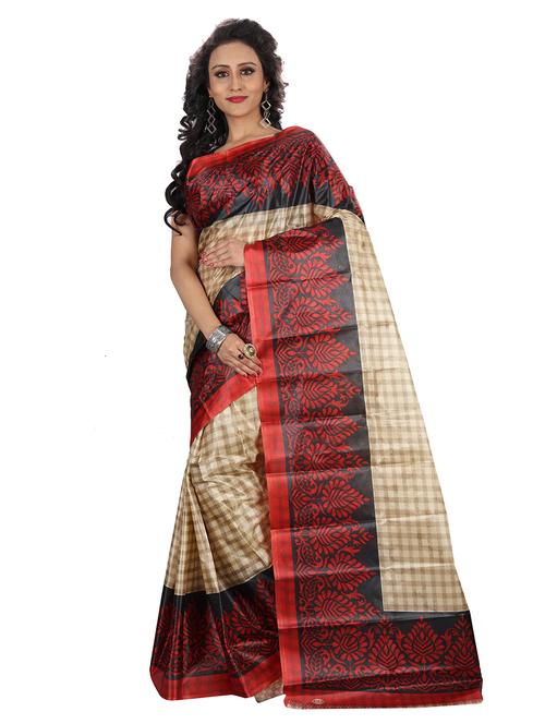 women's checks beige colored saree with blouse - 18584146 - Very Small Image - 1