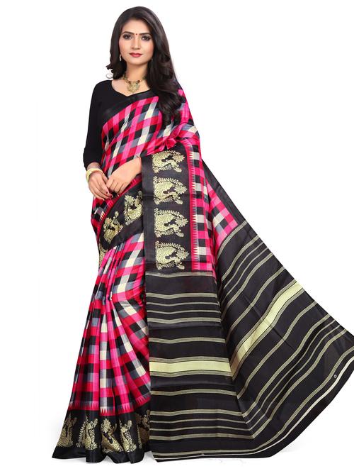 women's checks pink colored saree with blouse - 18584193 - Very Small Image - 1