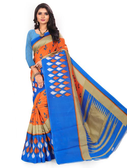 women's ikat orange colored saree with blouse - 18584398 - Very Small Image - 1
