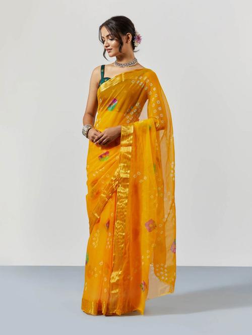 zari work bandhani printed saree with blouse - 18586072 - Very Small Image - 1