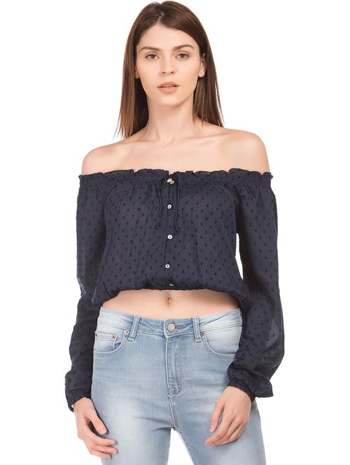off shoulder dobby crop top - 18586733 - Very Small Image - 1