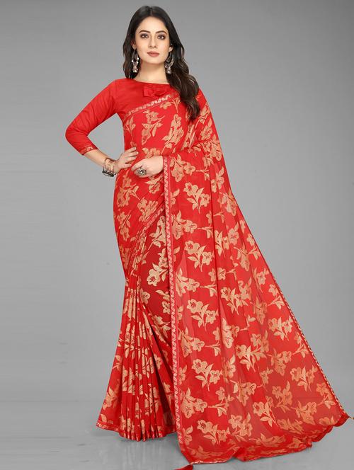 women's floral red colored saree with blouse - 18587277 - Very Small Image - 1
