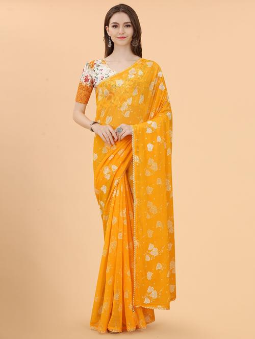 women's leaf print yellow colored saree - 18587296 - Very Small Image - 1
