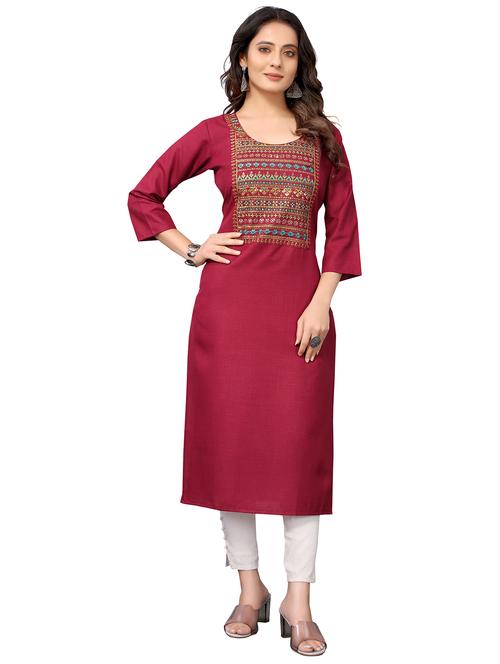 maroon embroidered straight kurta - 18587316 - Very Small Image - 1