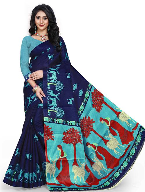 women's madhubani navy blue colored saree with blouse - 18587591 - Very Small Image - 1