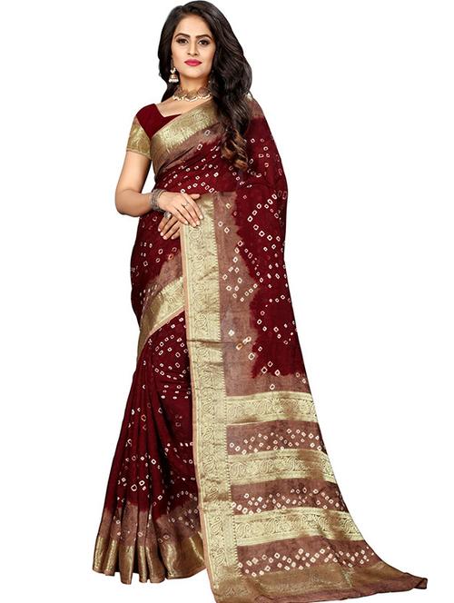 women's bandhani maroon colored saree with blouse - 18587624 - Very Small Image - 1