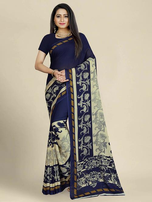 women's printed navy blue colored saree with blouse - 18587687 - Very Small Image - 1