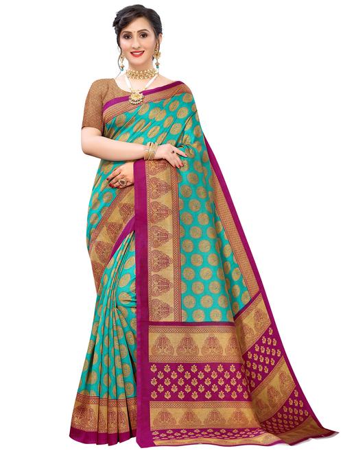 women's printed sea green colored saree with blouse - 18587802 - Very Small Image - 1