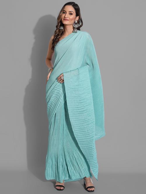 pleated solid saree with blouse piece - 18587885 - Very Small Image - 1