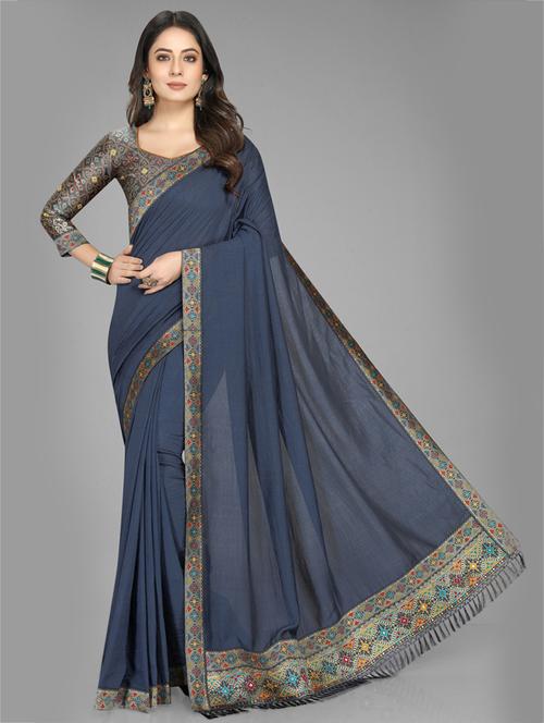 women's bordered royal blue colored saree - 18588099 - Very Small Image - 1