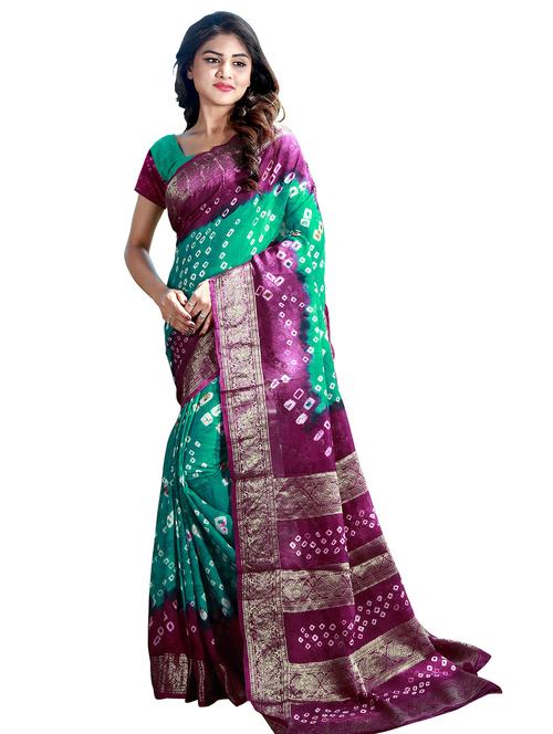women's bandhani green colored saree with blouse - 18588340 - Very Small Image - 1