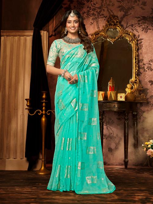 turquoise banarasi saree - 18588600 - Very Small Image - 1