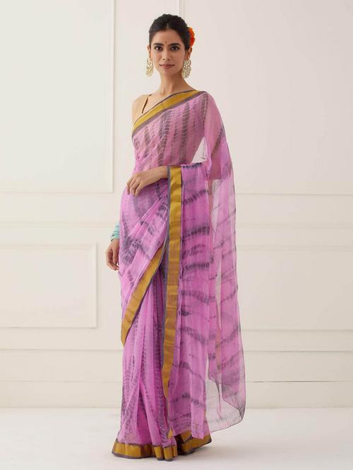pink tie & dye zari bordered saree with blouse - 18589014 - Very Small Image - 1