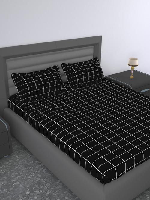 144 tc cotton flat bedsheet for double size bed with 2 pillow covers|90x100 inch|design checked |color - black | - 18590852 - Very Small Image - 1