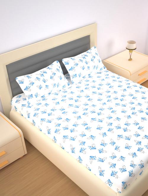 180 tc cotton flat bedsheet for double bed with 2 pillow covers|90x100 inch|design floral|color - off white and sky blue| - 18590854 - Very Small Image - 1