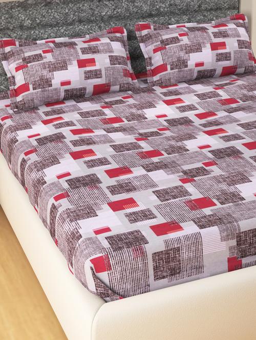 120 tc rich cotton flat bedsheet for double bed with 2 pillow covers|90x120 inch|design geomatric|color - brown and cherry| - 18592497 - Very Small Image - 1