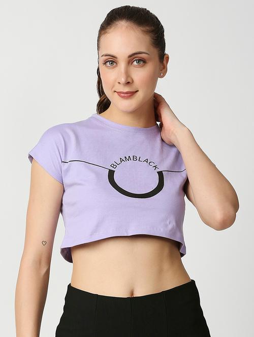 lavender printed round neck crop t-shirt - 18593157 - Very Small Image - 1