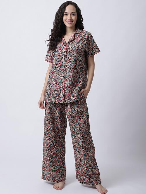 shirt collar printed nightwear pajama set - 18607410 - Very Small Image - 1