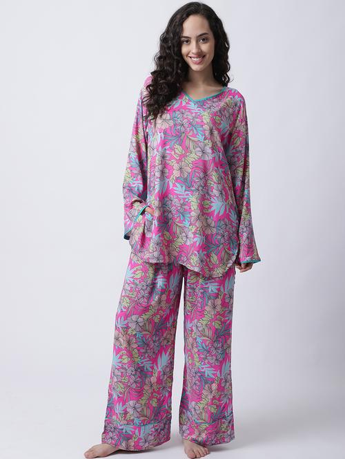 v-neck printed nightwear pajama set - 18607417 - Very Small Image - 1
