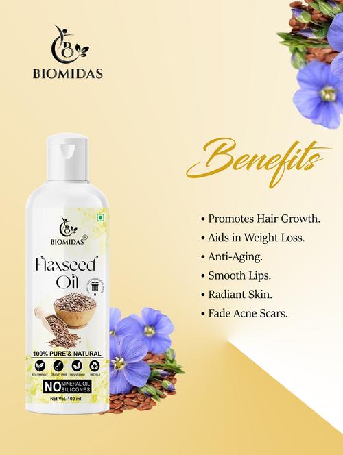 biomidas 100% pure cold pressed flaxseed oil for skin & hair regrowth (solvent free) 100ml (pack of 1) - 18608130 - Very Small Image - 1