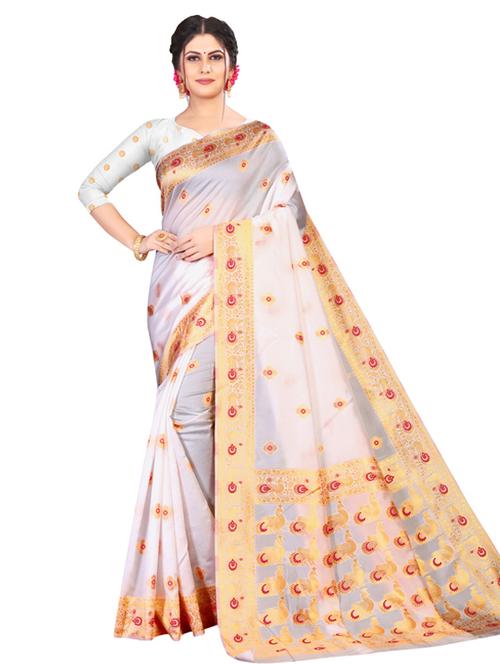 women's self design white colored saree with blouse - 18612831 - Very Small Image - 1