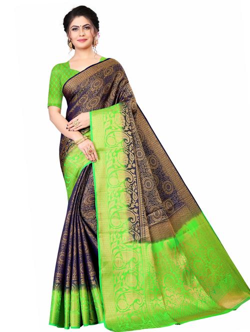 women's self design navy blue colored saree with blouse - 18613003 - Very Small Image - 1