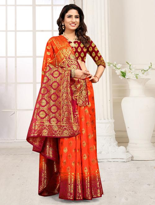 orange silk saree with blouse - 18613259 - Very Small Image - 1