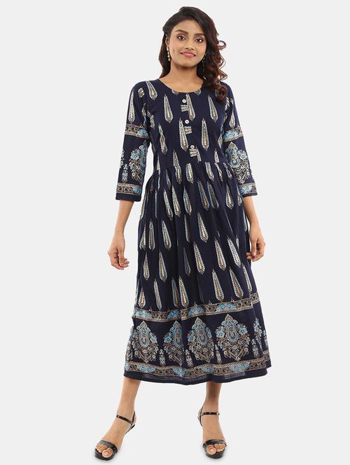 foil print a-line ethnic dress - 18615440 - Very Small Image - 1