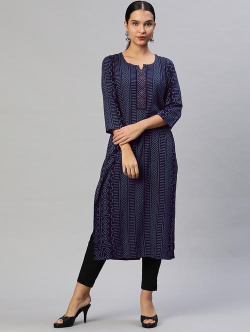 navy blue printed straight kurta - 18615786 - Very Small Image - 1
