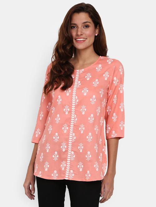 women peach round neck straight kurti - 18619147 - Very Small Image - 1