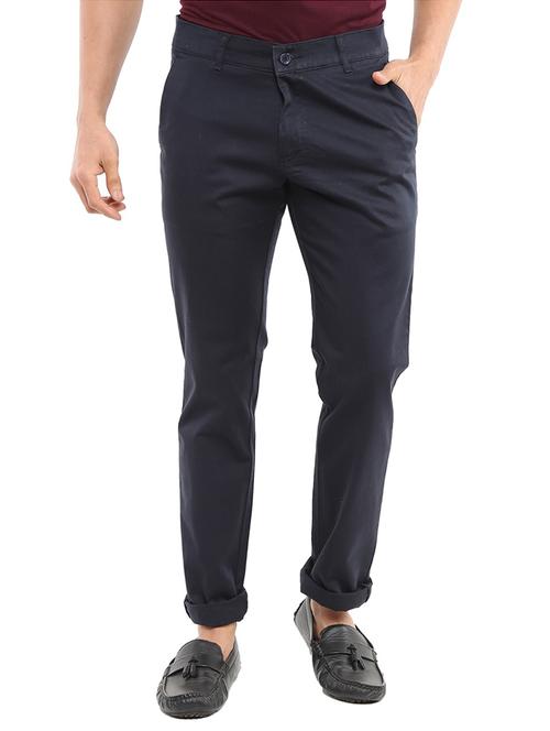 navy blue solid chinos casual trouser - 18620537 - Very Small Image - 1