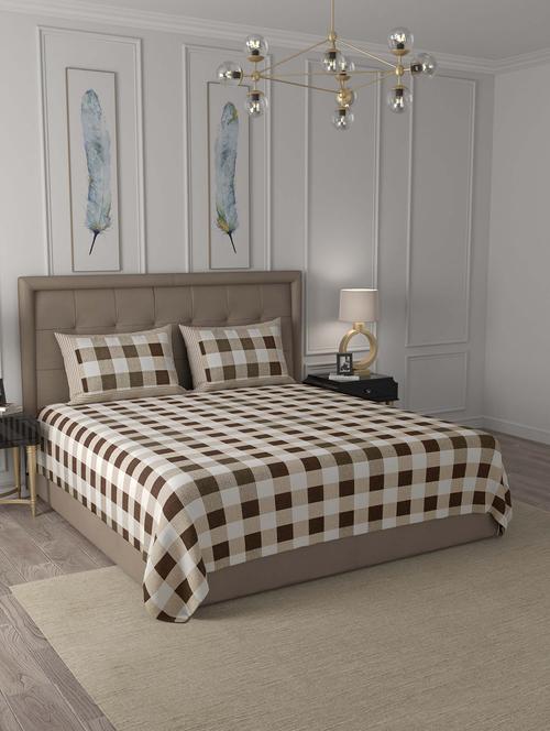jaipur fabric checkered brown cotton king size bedsheet 2 pillow covers - 18627385 - Very Small Image - 1