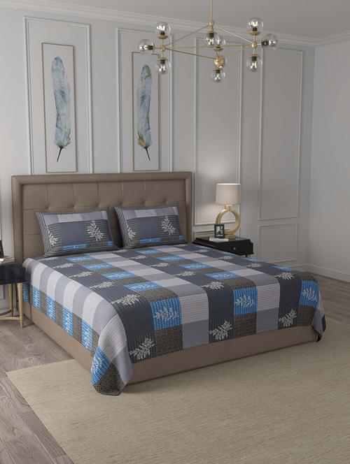 jaipur fabric square grey blue floral cotton king size bedsheet 2 pillow covers - 18627391 - Very Small Image - 1